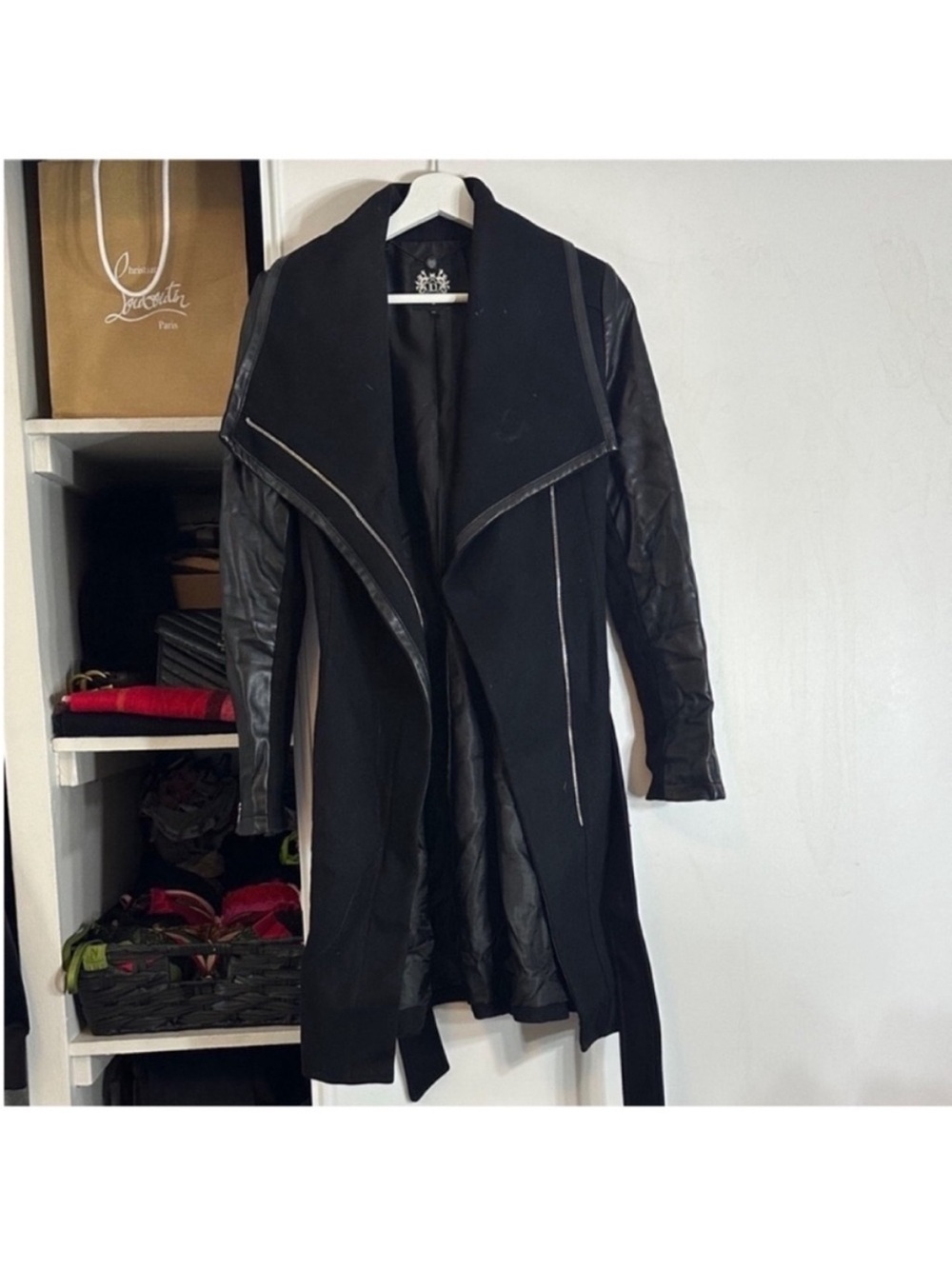 Dawn Levy Black Mixed-Media Trench with Leather-Look Sleeves